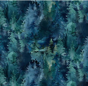 digitally printed evergreen trees in a teal water color-style cotton fabric is available at Colorado Creations Quilting