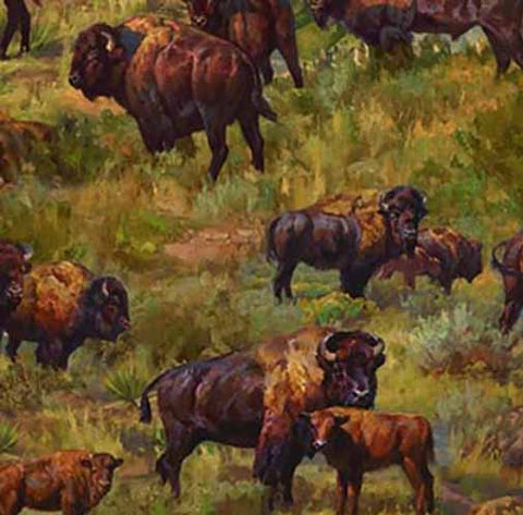 This cotton quilting fabric features buffalo on grassland