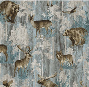This flannel cotton fabric features wildlife like bears, elk, moose, wolves, deer and eagles. 