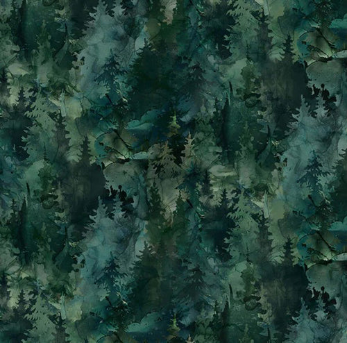 digitally printed evergreen trees in a green water color-style cotton fabric is available at Colorado Creations Quilting