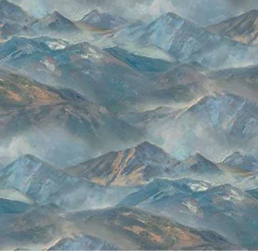 This cotton quilting fabric features bluish mountain ranges