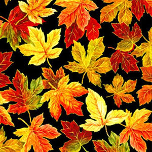 This cotton fabric features a variety of spaced maple leaves in warm autumn colors on black. 