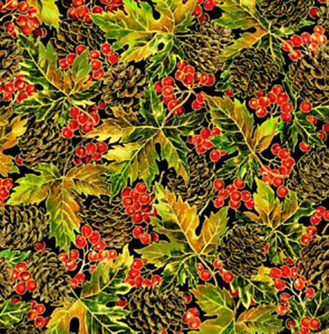 This cotton fabric features bright green, yellow, and rust colored maple leaves alongside pine cones and berries on a black background. 