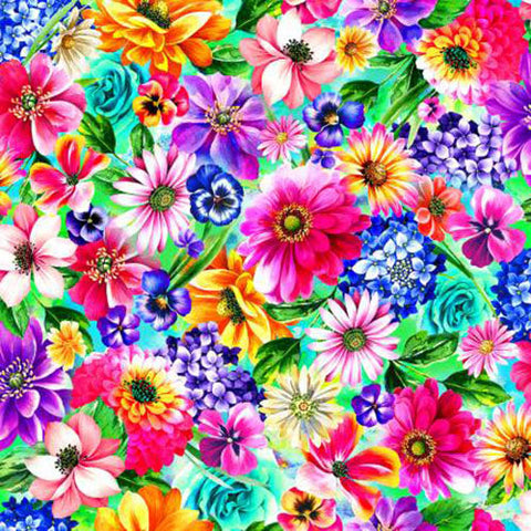 Brightly-colored flowers on blue background are featured on this cotton fabric