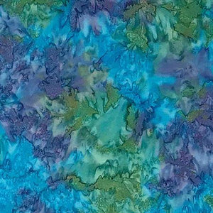 Mottled blue mixed with green and purple batik cotton fabric. Available at Colorado Creations Quilting