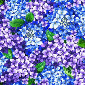 Blue and Purple Hydrangeas are featured on this cotton fabric