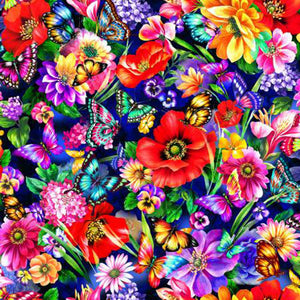 Brightly-colored flowers and butterflies are featured on this cotton fabric