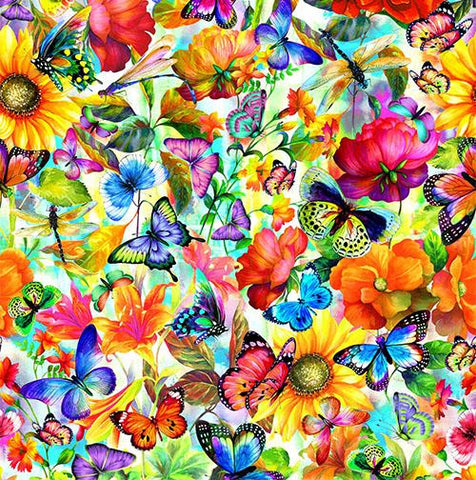Brightly-colored flowers and butterflies on white background available at Colorado Creations Quilting