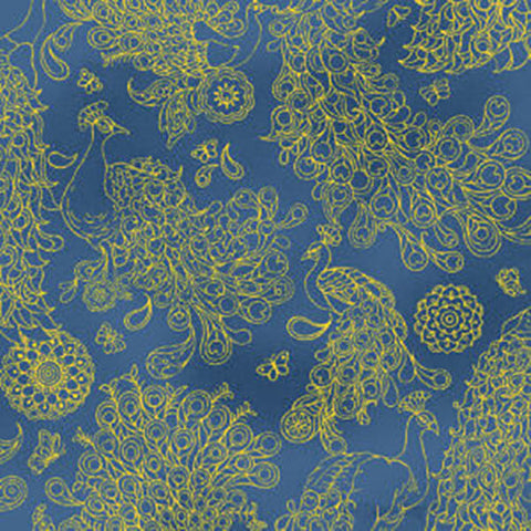 This tonal fabric features  peacocks all in metallic on a blue background Cotton Fabric