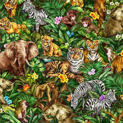 This cotton fabric featuresc ute safari themed irresistible jungle animals and their babies. Elephants, monkeys, tigers, and zebras are featured in a lush, green background with tropical leaves and flowers.