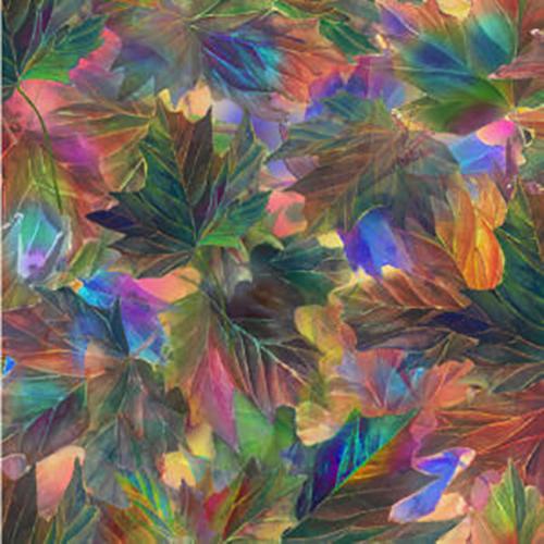 This cotton fabric features prominent forest green maple leaves, blended into a colorful background of fuchsia, teal, orange, and purple
