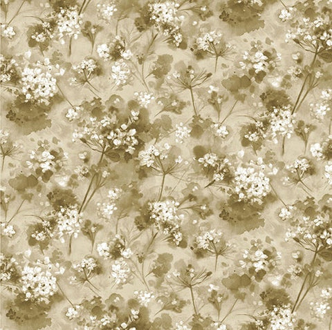 Gray Flowers on Taupe  Brown Cotton Fabric