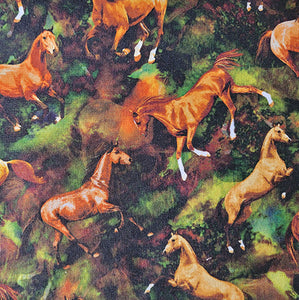 Wild Horses On Green Cotton Fabric