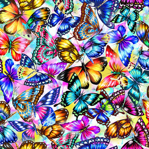 Brightly-colored butterflies are featured on this cotton fabric