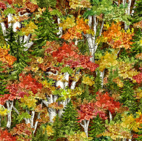 Rich autumn-colored trees in greens, reds, golds, and rusts cotton fabric by Oasis Fabrics and available at Colorado Creations Quilting