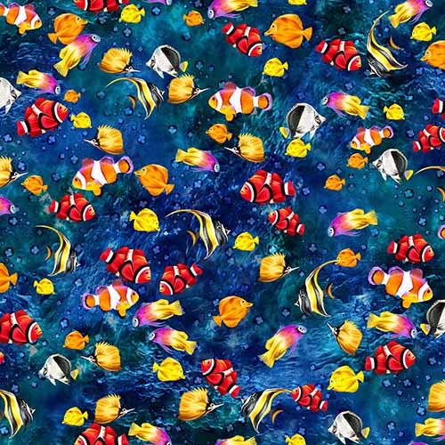 This cotton fabric features brightly-colored images of tropical fish such as clown fish, yellow tangs and angel fish on a blue background. Available at Colorado Creations Quilting