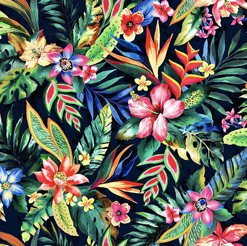 This cotton fabric features brightly-colored images of tropical flowers such as hibiscus, bird of paradise and plumeria on a black background. Available at Colorado Creations Quilting