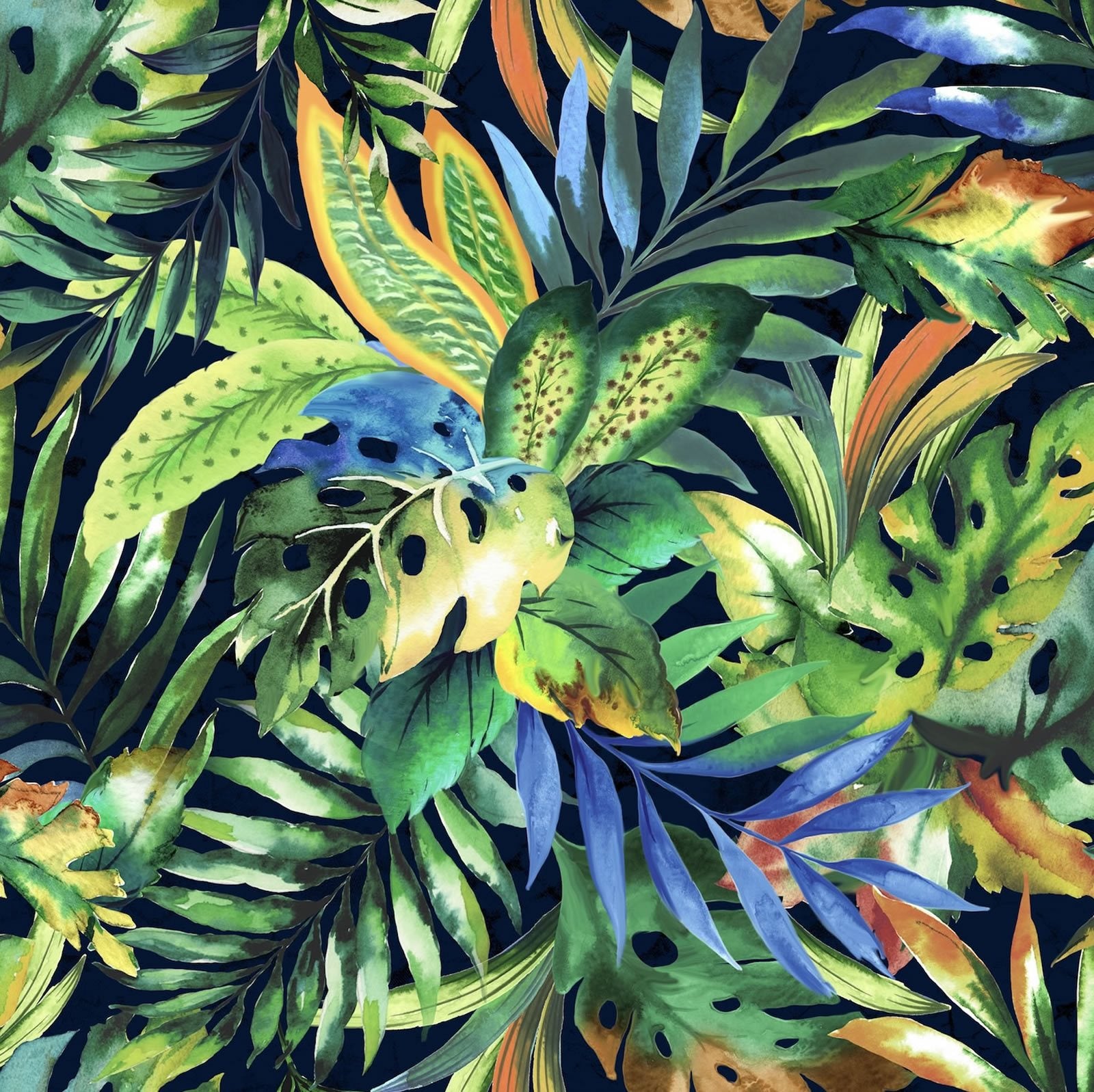 This cotton fabric features brightly-colored images of tropical leaves such as ferns and banana leaves on a black background.Available at Colorado Creations Quilting 