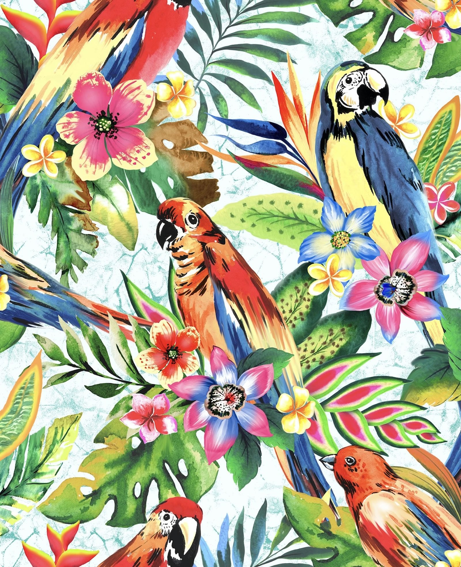 This cotton fabric features brightly-colored parrots are nestled in tropical flowers and leaves on a blue background. Available at Colorado Creations Quilting 