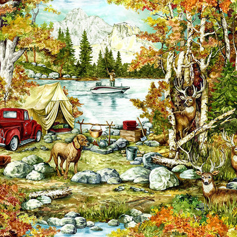 This fabric features a red pickup trucks, tents, pet dog and of course the fisherman. 