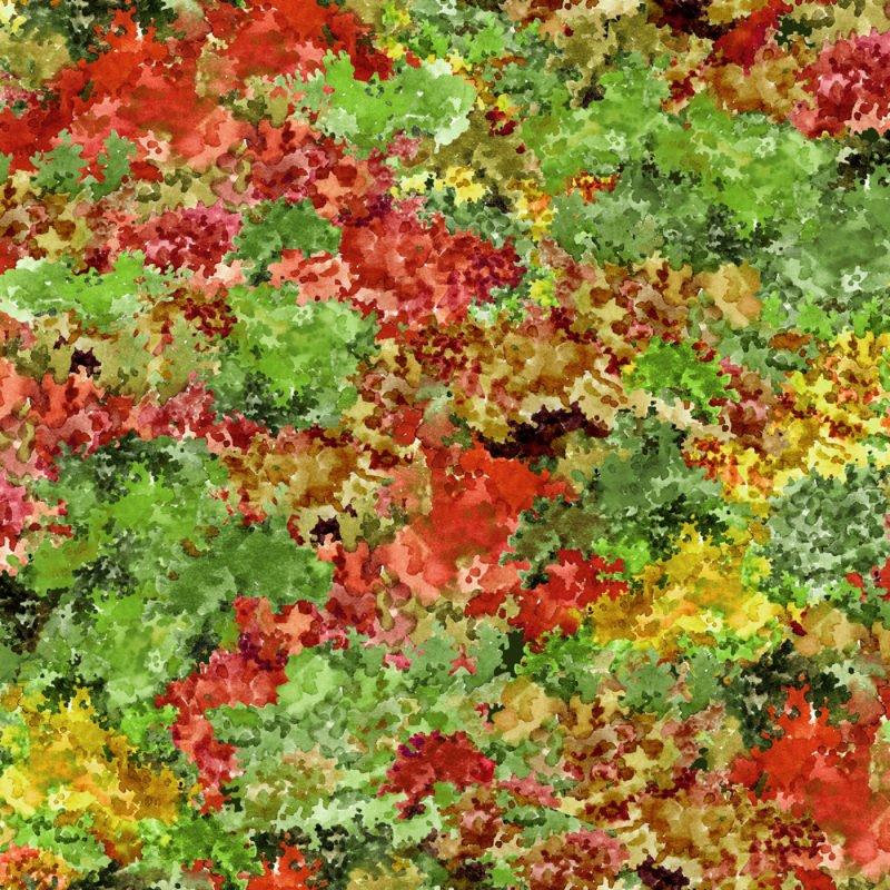 Rich autumn-colored leaves in greens, reds, golds, and rusts cotton fabric by Oasis Fabrics and available at Colorado Creations Quilting