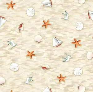 This cotton fabric features tiny images of seashells, seagulls and sailboatss are featured on a background of cream.  Available at Colorado Creations Quilting