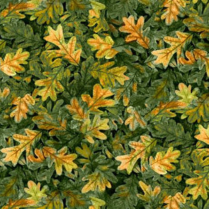Packed Fall Leaves Green Cotton Fabric by Quilting Treasures