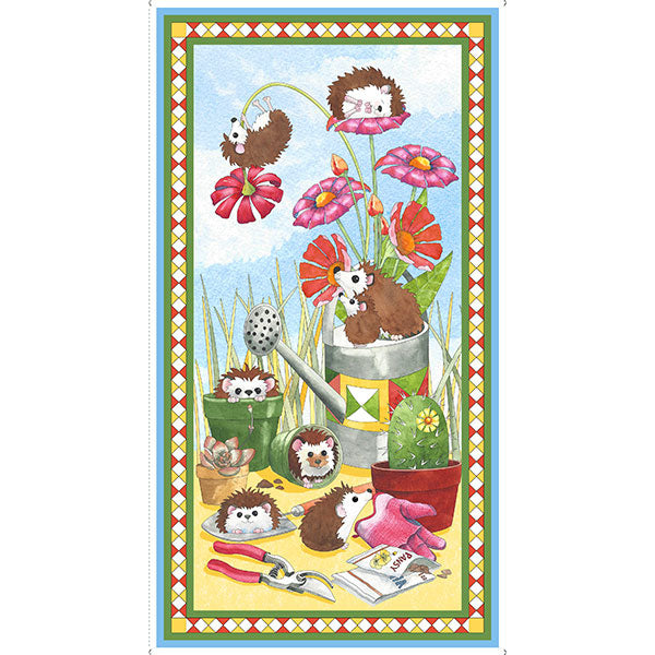 This fabric panel features adorable hedgehogs hiding in garden pots, watering cans and even peaking out through the flowers