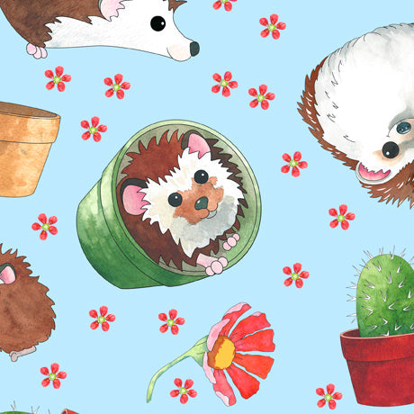 Tossed Hedgehogs on Blue  (some in flower pots) Cotton Fabric 