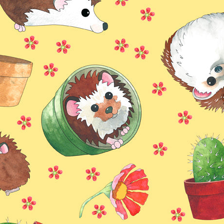 Tossed Hedgehogs on Yellow (some in flower pots) Cotton Fabric 