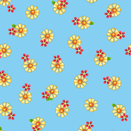 Yellow Flowers on Blue Cotton Fabric 