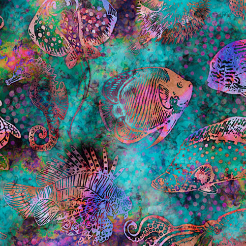 This cotton fabric features tropical fish such as angel fish, seahorse, manta ray, and octopuson a turquoise background. Available at Colorado Creations Quilting