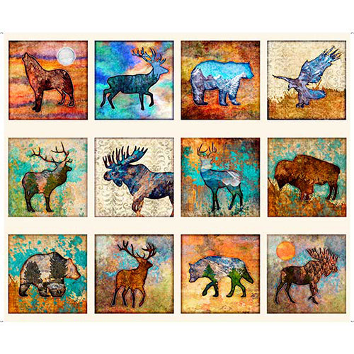 This digitally printed fabric panel features 12 blocks with a different wildlife image in each such as elk, deer, bears, buffalos, wolveds, and moose.