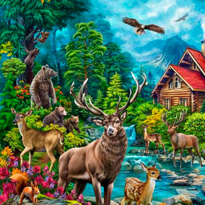 This fabric features a log cabin near a brook with all types of wildlife like bears, elk, raccoons, trout and red foxes nearby.