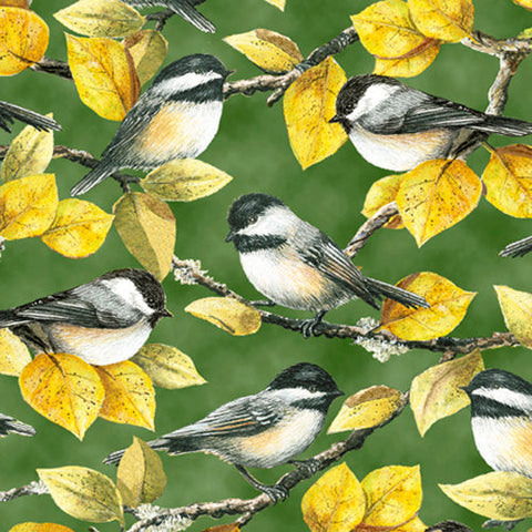 This cotton fabric features chickadee on green; perched