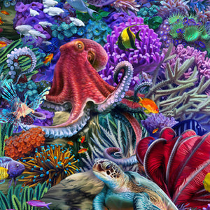 This cotton fabric features treasures of the sea like octopus, tropical fish, sea turtles, starfish and coral. 