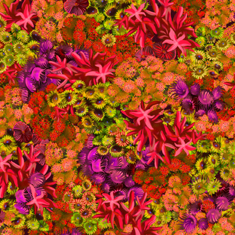 This cotton fabric features coralin vibrant pinks, oranges and greens.