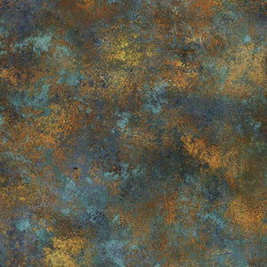 This cotton fabric features deep turquoise and rust textures. 