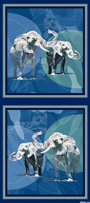 This fabric panel features two panel squares that measure 24"W x 21 1/2" H. There are two gray elephants on a background of blue in each square. 