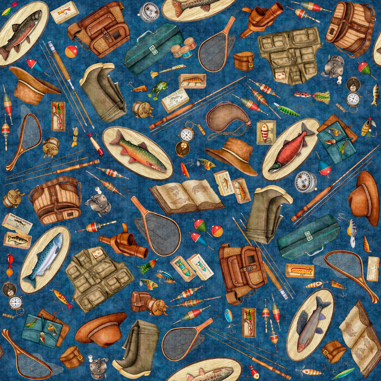 Fishing gear such as the reel, tackle box, waders, wicker basket on a blue background fabric available at Colorado Creations Quilting