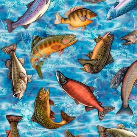 Fish such as bass and trout are depicted on a blue background