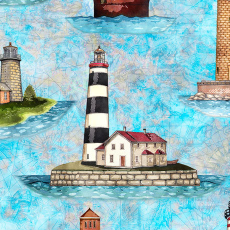 Brightly colored lighthouses on blue water fabric