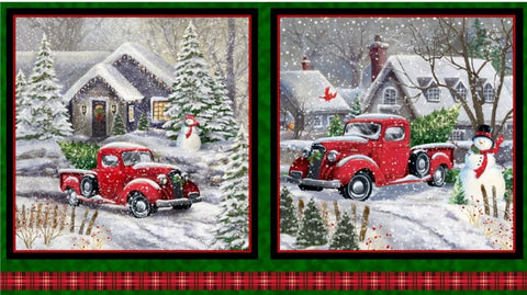 Cotton fabric Panel features a red truck bringing home an evergreen while Mr. Snowman is standing guard as the snow begins to fall.