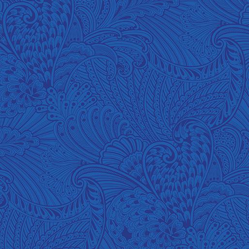 This fabric features tonal blue feathers