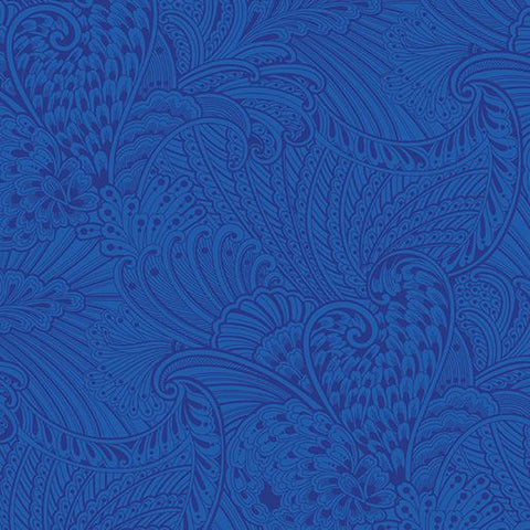 This fabric features tonal blue feathers