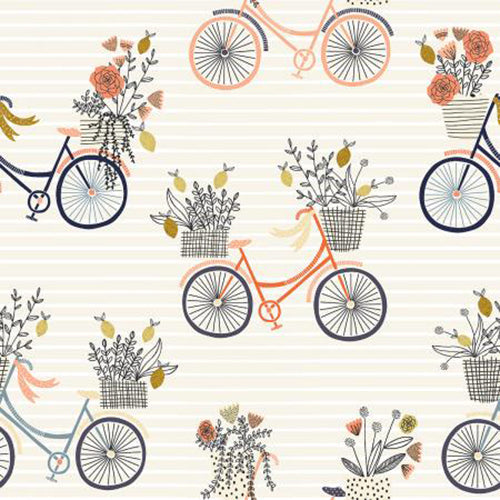 This cotton fabric features darling bikes in shades of coral and peach all carrying a basket of flowers on a tan background.