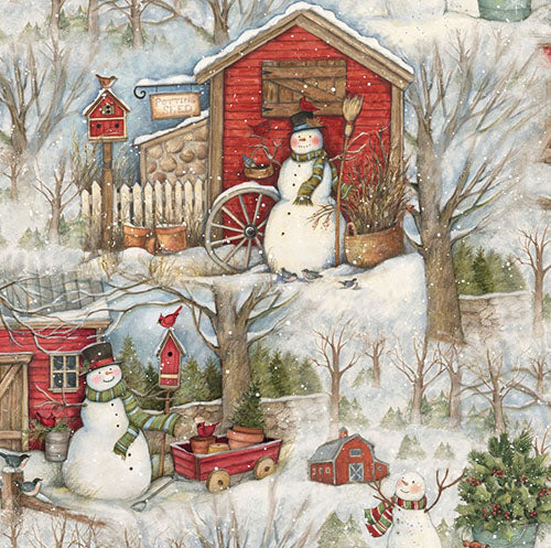 This cotton fabric features vintage red barns, snowman, red wagons and bird houses on a light gray background. 