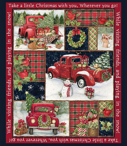 This fabric panel features a vintage red pickup truck, puppies, cardinals, snowmen and more!