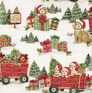 This cotton fabric features Christmas Puppies,red wagons, and presents  on a light cream background.This has "cute" all over it! Sure