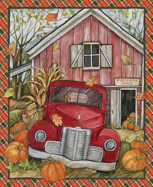 This fabric panel features a vintage red pickup truck in front of an old pumpkin shed.